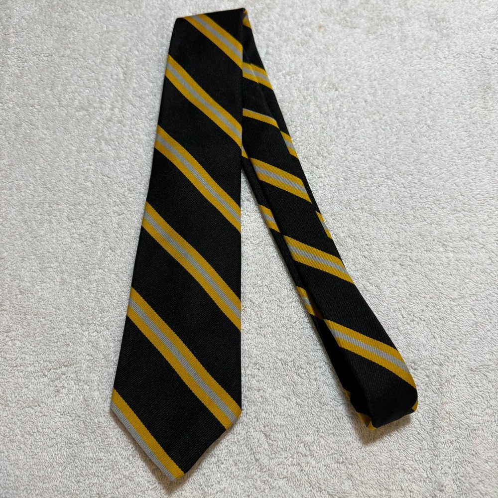 Keys & Lockwood New York Mens Striped Silk Tie Black Yellow Grey Rep Stripe